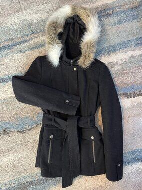 Buffalo XS Black Wool Coat with Faux Fur Removable Hood
